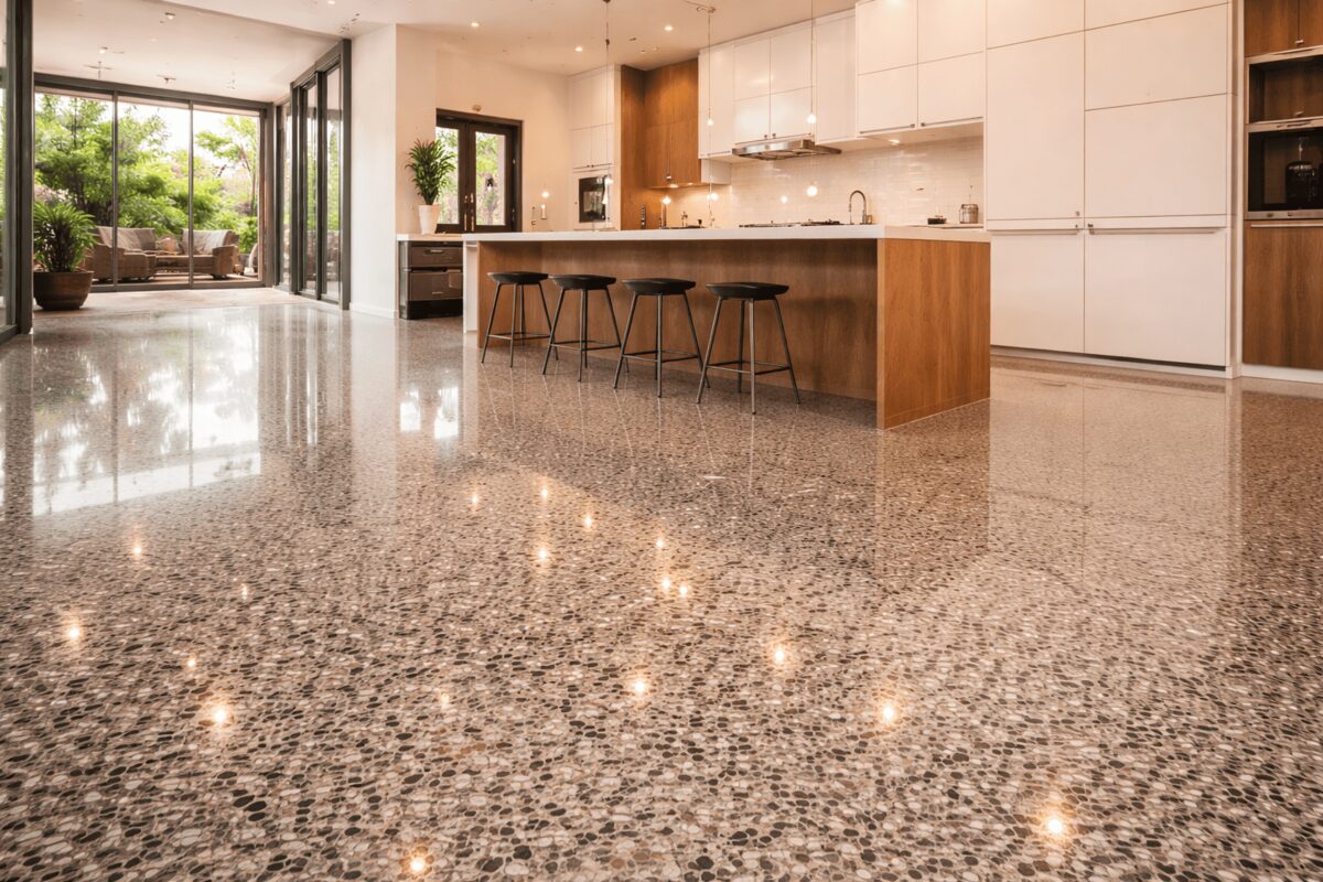 High-gloss polished concrete floor in a modern Medford, Oregon home