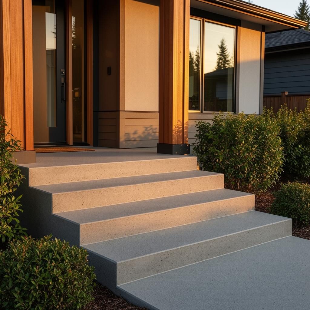 Custom poured concrete steps and landing at a Medford, Oregon home entrance
