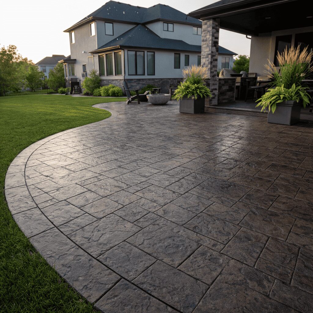 Decorative stamped concrete backyard patio installation in Medford, Oregon