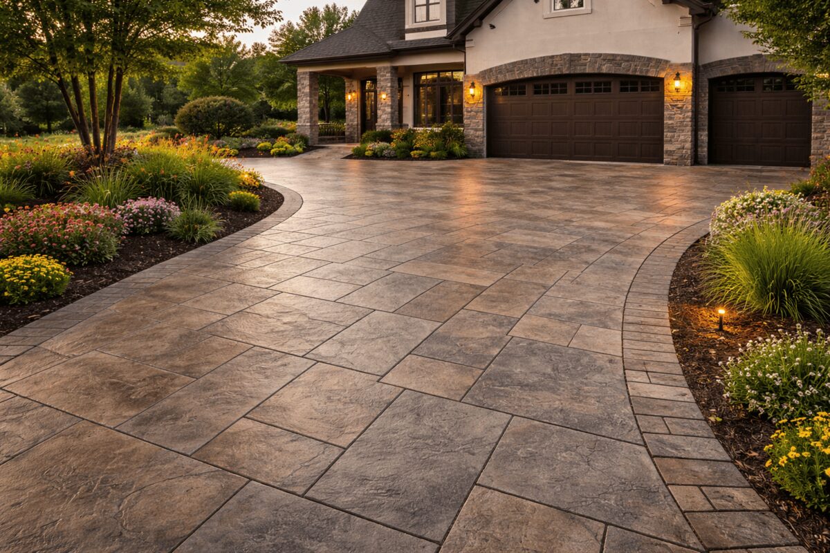 Custom stamped concrete driveway at a Medford, Oregon home