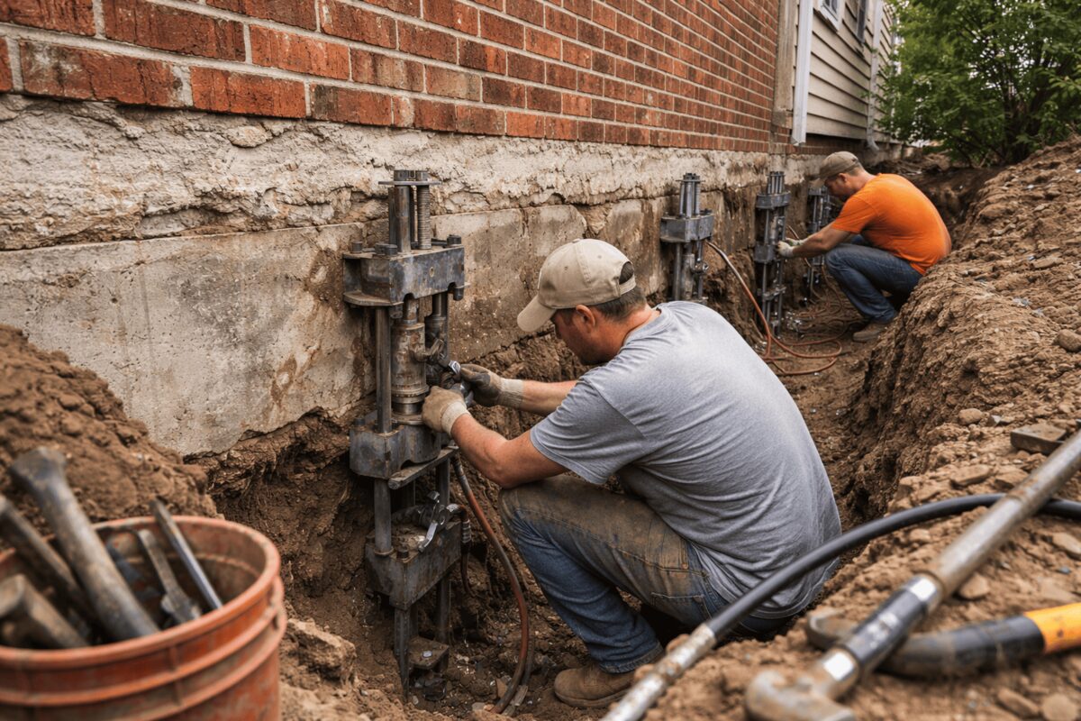 Crew installing hydraulic pier jacks to stabilize a settling concrete foundation in Medford, Oregon