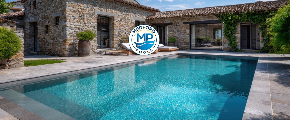 Custom in-ground swimming pool installed by Medford Pools in Medford, Oregon