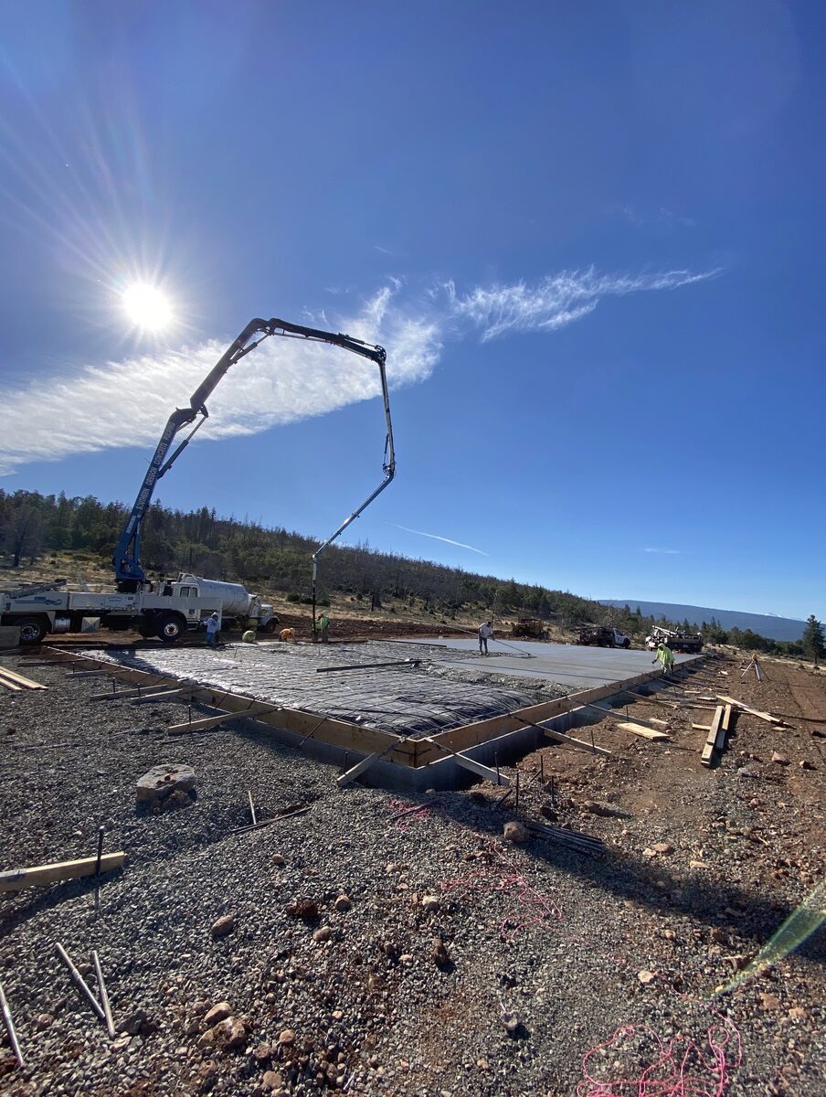 Concrete slab foundation pour with boom pump truck in Southern Oregon