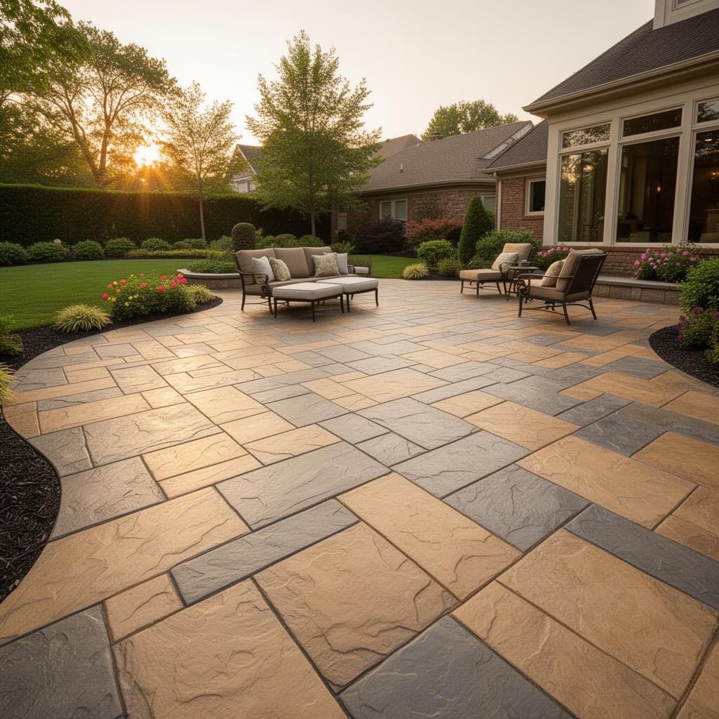 Stamped concrete patio with ashlar slate pattern in Medford, Oregon